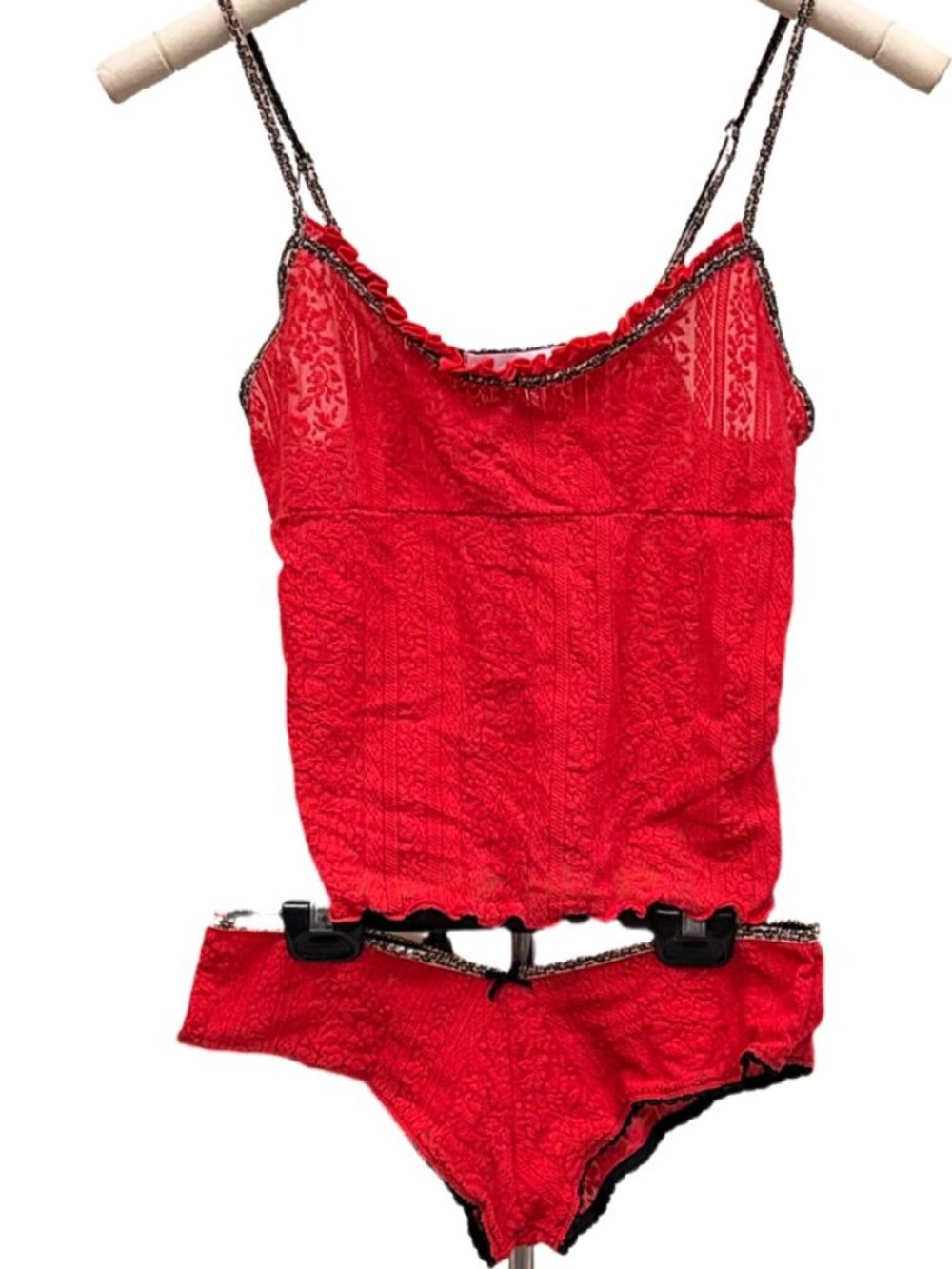 CR Red Floral Lingerie Set Camisole Panties Leopard Trim Sleepwear Two Piece Set